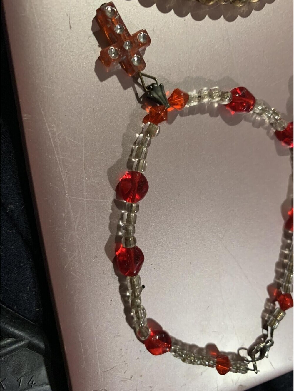 Handmade Beaded Cross Bracelet with Red and Clear Beads